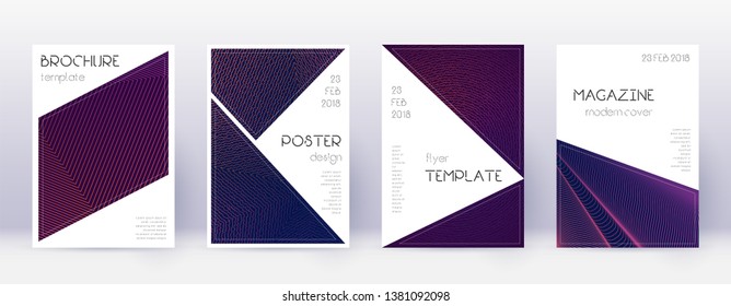 Triangle brochure design template set. Violet abstract lines on dark background. Brilliant brochure design. Amusing catalog, poster, book template etc.