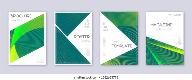 Triangle brochure design template set. Green abstract lines on dark background. Bold brochure design. Powerful catalog, poster, book template etc.