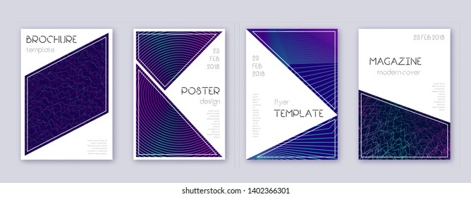 Triangle brochure design template set. Neon abstract lines on dark blue background. Breathtaking brochure design. Alluring catalog, poster, book template etc.