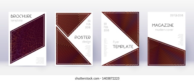 Triangle brochure design template set. Orange abstract lines on wine red background. Breathtaking brochure design. Dazzling catalog, poster, book template etc.