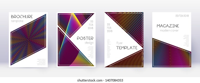 Triangle brochure design template set. Rainbow abstract lines on wine red background. Breathtaking brochure design. Noteworthy catalog, poster, book template etc.