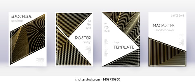 Triangle brochure design template set. Gold abstract lines on black background. Bold brochure design. Great catalog, poster, book template etc.
