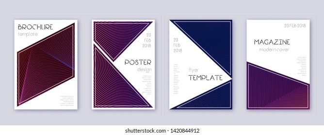 Triangle brochure design template set. Violet abstract lines on dark background. Breathtaking brochure design. Unique catalog, poster, book template etc.