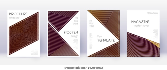Triangle brochure design template set. Gold abstract lines on bordo background. Bold brochure design. Pleasant catalog, poster, book template etc.