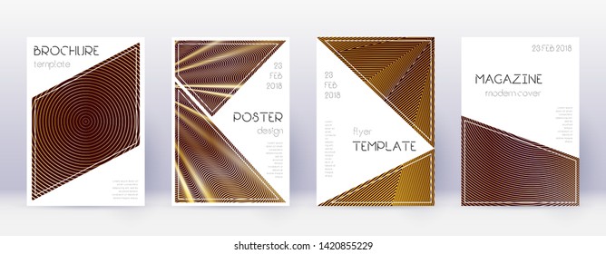 Triangle brochure design template set. Gold abstract lines on bordo background. Bold brochure design. Neat catalog, poster, book template etc.