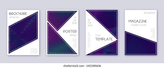 Triangle brochure design template set. Neon abstract lines on dark blue background. Bold brochure design. Wonderful catalog, poster, book template etc.