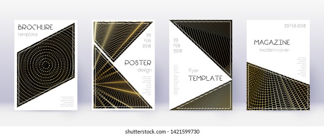 Triangle brochure design template set. Gold abstract lines on black background. Bold brochure design. Gorgeous catalog, poster, book template etc.
