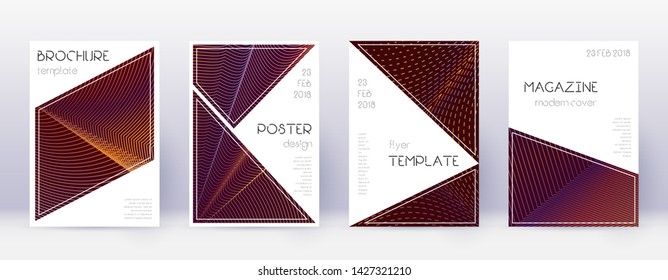 Triangle brochure design template set. Orange abstract lines on wine red background. Breathtaking brochure design. Classic catalog, poster, book template etc.