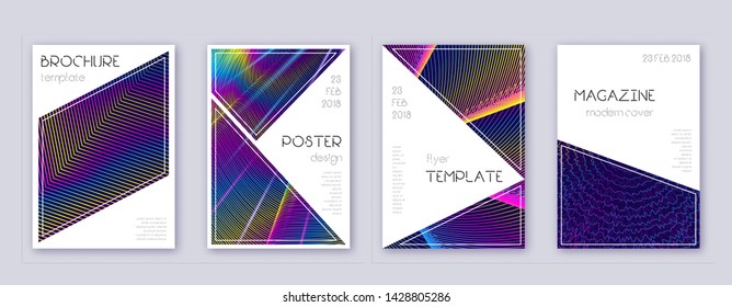 Triangle brochure design template set. Rainbow abstract lines on dark blue background. Breathtaking brochure design. Fantastic catalog, poster, book template etc.