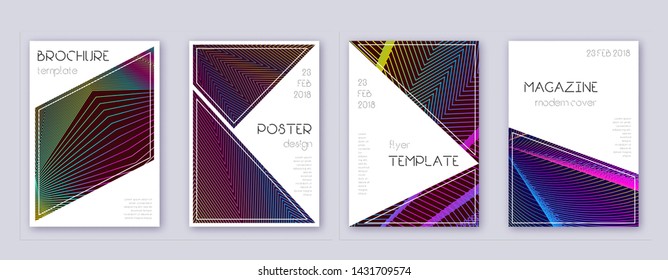 Triangle brochure design template set. Rainbow abstract lines on wine red background. Breathtaking brochure design. Likable catalog, poster, book template etc.