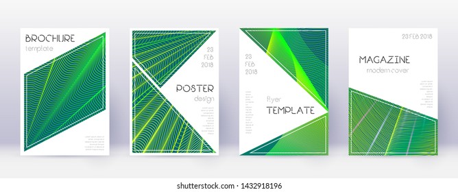 Triangle brochure design template set. Green abstract lines on dark background. Bold brochure design. Stylish catalog, poster, book template etc.