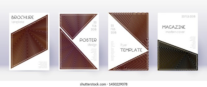 Triangle brochure design template set. Gold abstract lines on bordo background. Bold brochure design. Noteworthy catalog, poster, book template etc.