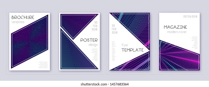 Triangle brochure design template set. Neon abstract lines on dark blue background. Breathtaking brochure design. Adorable catalog, poster, book template etc.