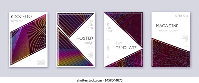Triangle brochure design template set. Rainbow abstract lines on wine red background. Breathtaking brochure design. Juicy catalog, poster, book template etc.