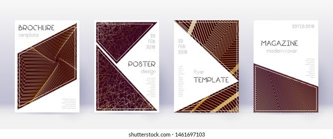Triangle brochure design template set. Gold abstract lines on bordo background. Bold brochure design. Popular catalog, poster, book template etc.