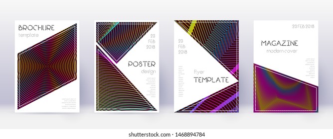 Triangle brochure design template set. Rainbow abstract lines on wine red background. Breathtaking brochure design. Mind-blowing catalog, poster, book template etc.