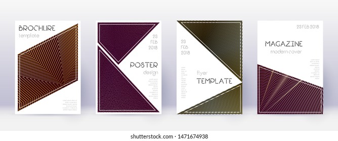 Triangle brochure design template set. Gold abstract lines on bordo background. Bold brochure design. Positive catalog, poster, book template etc.