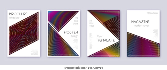 Triangle brochure design template set. Rainbow abstract lines on wine red background. Breathtaking brochure design. Magnificent catalog, poster, book template etc.