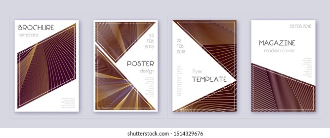 Triangle brochure design template set. Gold abstract lines on bordo background. Bold brochure design. Interesting catalog, poster, book template etc.
