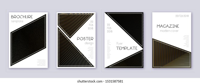 Triangle brochure design template set. Gold abstract lines on black background. Bold brochure design. Extraordinary catalog, poster, book template etc.
