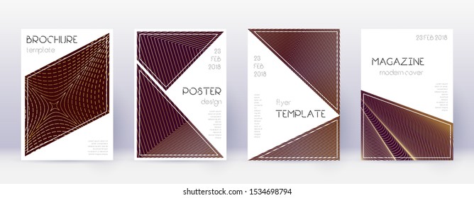 Triangle brochure design template set. Gold abstract lines on bordo background. Bold brochure design.  