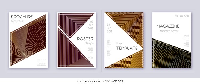 Triangle brochure design template set. Gold abstract lines on bordo background. Bold brochure design. Magnificent catalog, poster, book template etc.