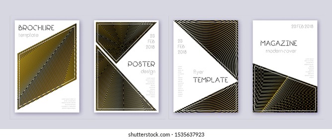 Triangle brochure design template set. Gold abstract lines on black background. Bold brochure design. Fantastic catalog, poster, book template etc.