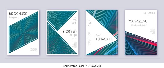 Triangle brochure design template set. Red abstract lines on white blue background. Breathtaking brochure design. Ravishing catalog, poster, book template etc.