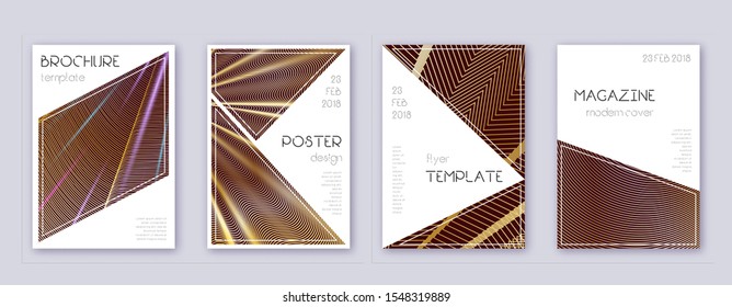 Triangle brochure design template set. Gold abstract lines on bordo background. Bold brochure design. Memorable catalog, poster, book template etc.