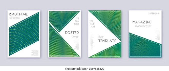 Triangle brochure design template set. Green abstract lines on dark background. Bold brochure design. Precious catalog, poster, book template etc.