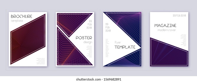 Triangle brochure design template set. Violet abstract lines on dark background. Brilliant brochure design. Actual catalog, poster, book template etc.