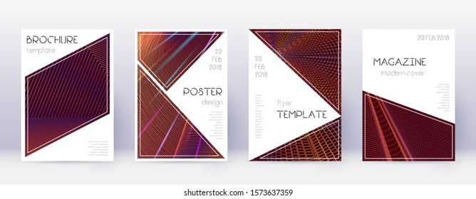 Triangle brochure design template set. Orange abstract lines on wine red background. Breathtaking brochure design. Cute catalog, poster, book template etc.