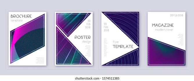 Triangle brochure design template set. Neon abstract lines on dark blue background. Breathtaking brochure design. Alive catalog, poster, book template etc.