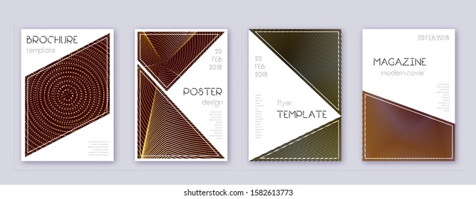 Triangle brochure design template set. Gold abstract lines on bordo background. Bold brochure design. Modern catalog, poster, book template etc.