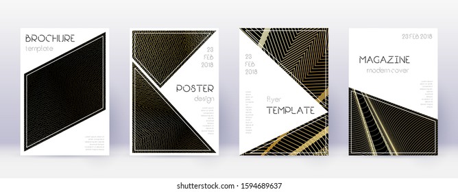 Triangle brochure design template set. Gold abstract lines on black background. Bold brochure design. Graceful catalog, poster, book template etc.