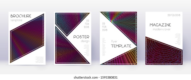 Triangle brochure design template set. Rainbow abstract lines on wine red background. Breathtaking brochure design. Pleasant catalog, poster, book template etc.