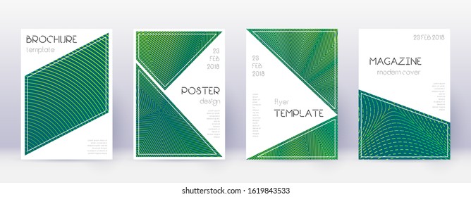 Triangle brochure design template set. Green abstract lines on dark background. Bold brochure design. Surprising catalog, poster, book template etc.