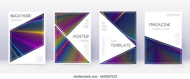 Triangle brochure design template set. Rainbow abstract lines on dark blue background. Breathtaking brochure design. Graceful catalog, poster, book template etc.