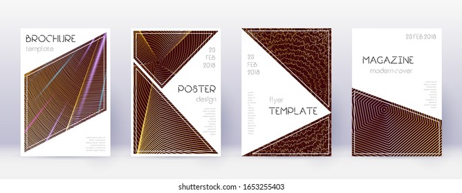 Triangle brochure design template set. Gold abstract lines on bordo background. Bold brochure design. Nice catalog, poster, book template etc.