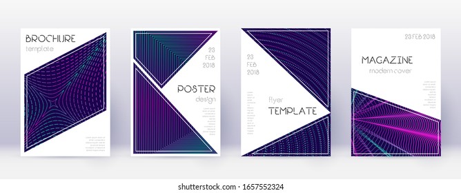 Triangle Brochure Design Template Set. Neon abstrakte Linien auf dunkelblauem Hintergrund. Atemberaubendes Broschürendesign. Künstlerischer Katalog, Poster, Buchvorlage etc.