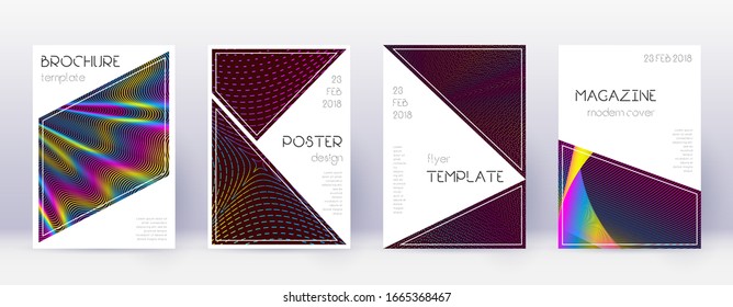 Triangle brochure design template set. Rainbow abstract lines on wine red background. Breathtaking brochure design. Outstanding catalog, poster, book template etc.