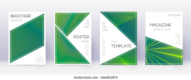 Triangle Brochure Design Template Set. Grüne abstrakte Linien auf dunklem Hintergrund. Kühnes Broschürendesign. Trendkatalog, Poster, Buchvorlage etc.