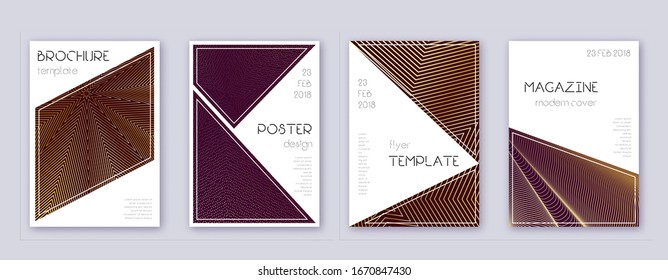 Triangle brochure design template set. Gold abstract lines on bordo background. Bold brochure design. Likable catalog, poster, book template etc.