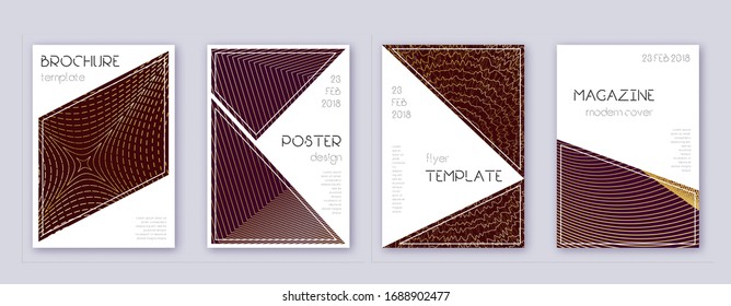 Triangle brochure design template set. Gold abstract lines on bordo background. Bold brochure design. Lively catalog, poster, book template etc.