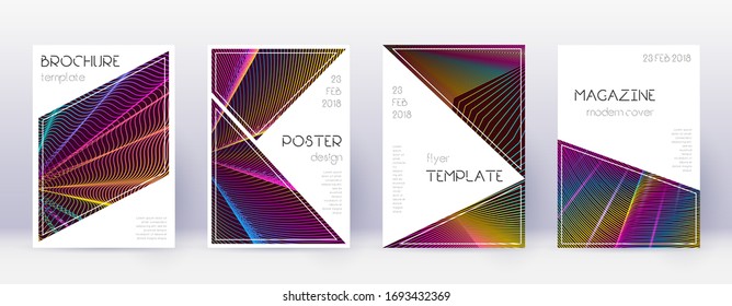 Triangle Brochure Design Template Set. Abstrakte Regenbogen-Linien auf weinrotem Hintergrund. Atemberaubendes Broschürendesign. Mesmerkatalog, Poster, Buchvorlage etc.