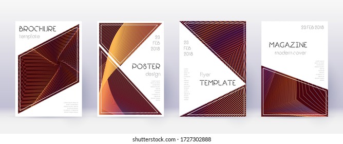 Triangle brochure design template set. Orange abstract lines on wine red background. Breathtaking brochure design. Captivating catalog, poster, book template etc.