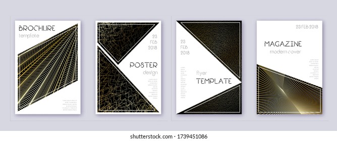 Triangle brochure design template set. Gold abstract lines on black background. Bold brochure design. Fancy catalog, poster, book template etc.