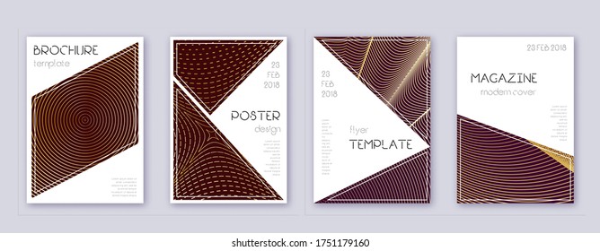 Triangle brochure design template set. Gold abstract lines on bordo background. Bold brochure design. Juicy catalog, poster, book template etc.