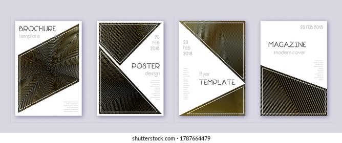 Triangle brochure design template set. Gold abstract lines on black background. Bold brochure design. Extra catalog, poster, book template etc.