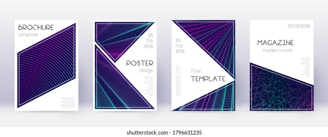 Triangle brochure design template set. Neon abstract lines on dark blue background. Breathtaking brochure design. Astonishing catalog, poster, book template etc.